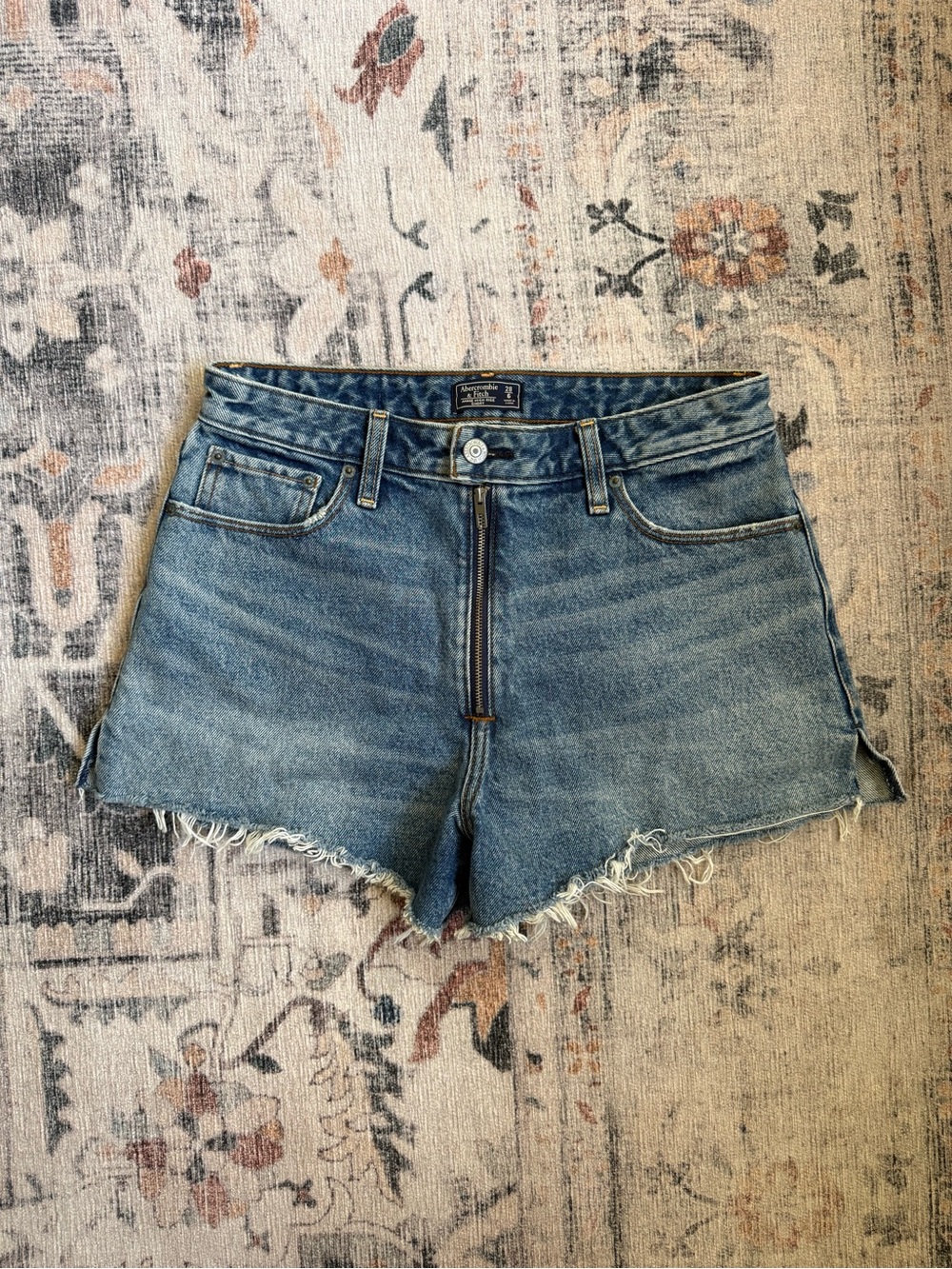 Abercrombie & Fitch Medium Blue High-Rise Frayed Denim Shorts